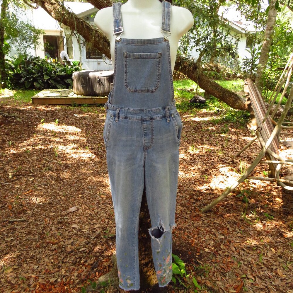 Womens Forever 21 Embroidered Overalls Denim Size 25 Distressed raw hem